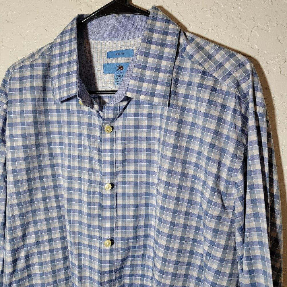 2XLT EGARA Men’s Slim Fit Long Sleeve w/Flip Cuff Button Down Blue Plaid shirt